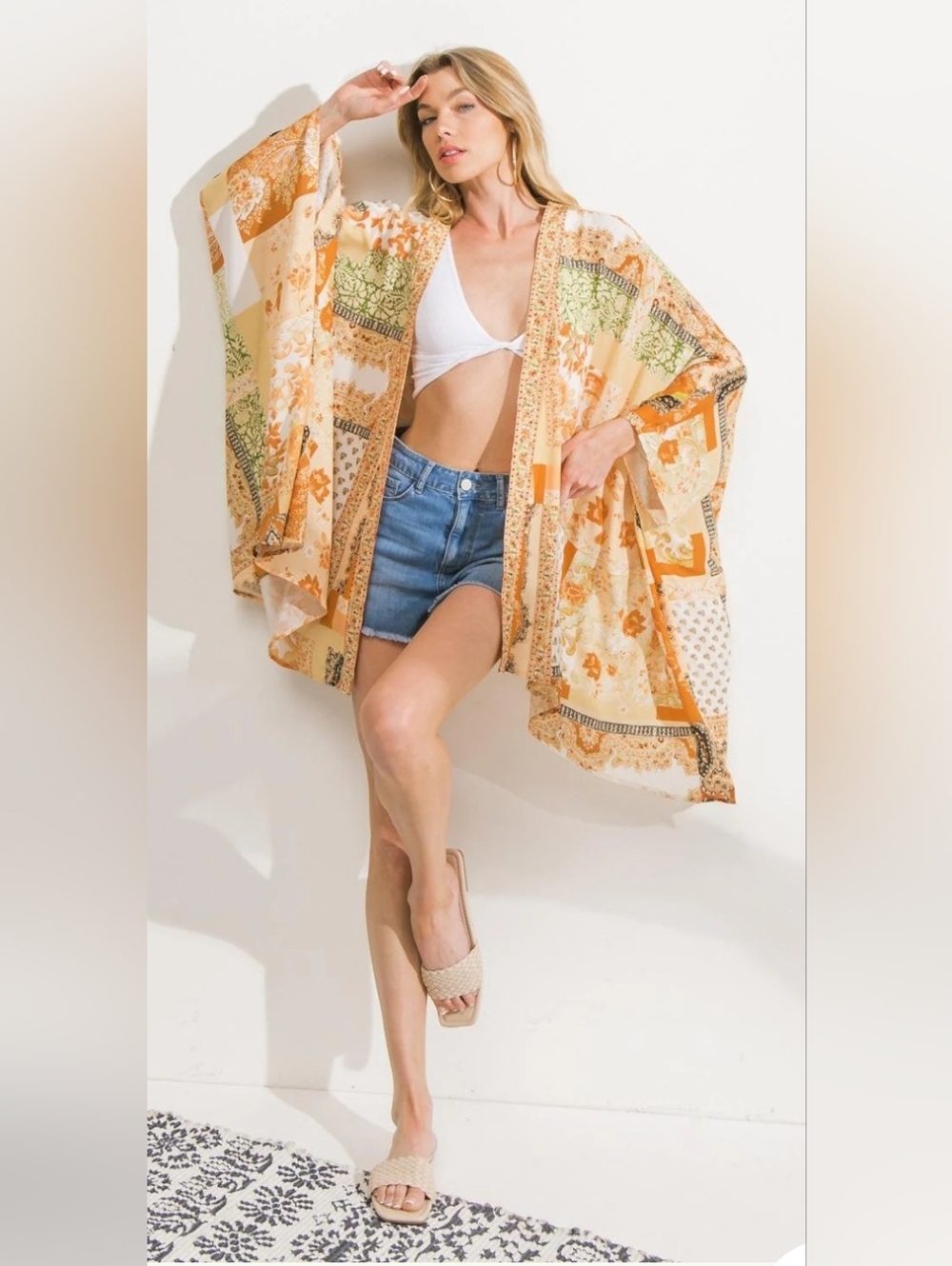 Flying Tomato Cream and Orange Boho Patchwork Kimono Cardigan Size M EUC